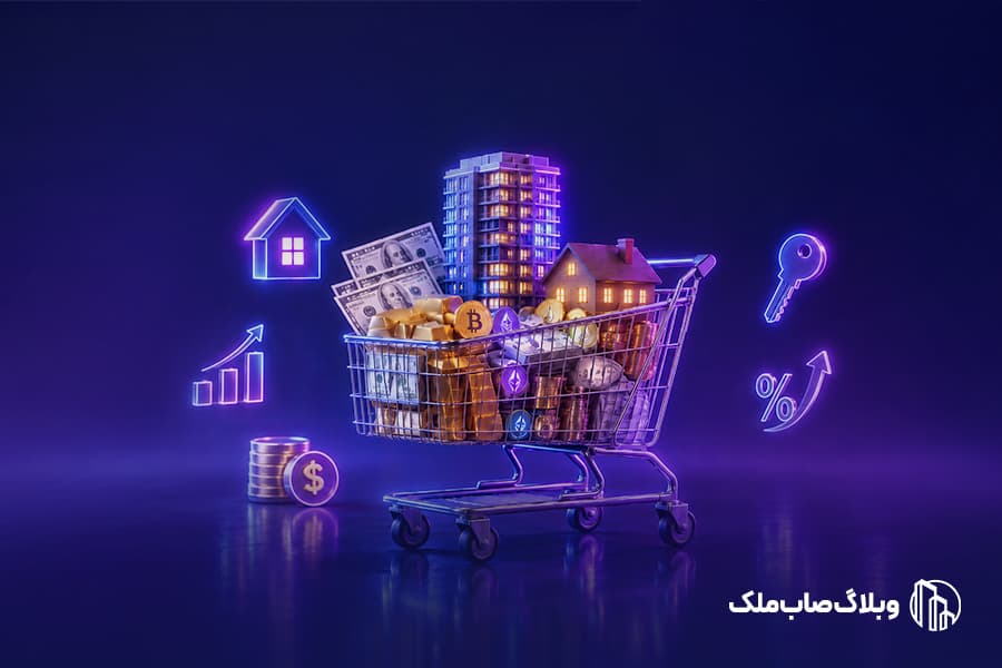 نمودار ترکیب سبد سرمایهگذاری متنوع در ایران شامل سهام، طلا، دلار، رمزارز و مسکن